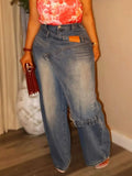 Women Wide Leg Jeans Asymmetric Deconstruct PU Patch Washed Loose Trendy Streetwear Fashion Autumn