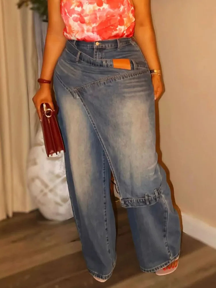 Women Wide Leg Jeans Asymmetric Deconstruct PU Patch Washed Loose Trendy Streetwear Fashion Autumn