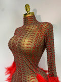 Women Luxury Birthday Dress Rhinestones Mesh Feathers Bodycon Mini Celebrity Evening Club Party Dress Nightclub Stage Outfit