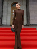 Fashionable And Sexy Round-Neck Long-Sleeved Pleated Long Dress, Waist-Cinching And Slimming, For Dinner Parties