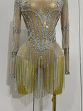 Full Sparkly Rhinestone Chain Sexy Mesh See Through Bodysuit Women Luxury Birthday Party Performance Dance Nightclub Stage Wear