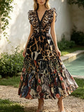 Bohemian Deep V Neck Ruffle Sleeve Maxi Dress Women Leopard Tropical Animal Floral Print Smocked Waist for Vacation Daily