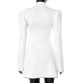 White Lace Up Short Dress Women's Elegant Stand Collar Long Sleeve Slim A Line Party Evening Gown Retro Summer Dress