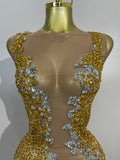 Sexy Sparkly Rhinestone Sleeveless Mesh See Through Mini Dress Luxury Birthday Dress Celebrate Party Club PhotoShoot Stage Wear