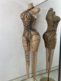 High Street Mesh Spider Web Tight Jumpsuit Performance Dance Costume Luxury Rhinestones Nightclub Bar Stage Leotard