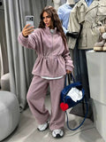Multi Color Fleece Two Piece Outfit Womens Zip Up Drawstring Waist Pocket Jacket Lady Fall Winter Daily Streetwear Trendy Wear