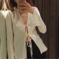 Solid Loose Temperament Blouse for Women Lapel Long Sleeves Patchwork Lace Up Elegant Top Female Fashion Clothing