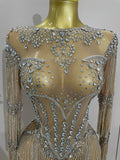 Full Sparkly Rhinestone Chain Sexy Mesh See Through Bodysuit Women Luxury Birthday Party Performance Dance Nightclub Stage Wear