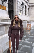 Women Cropped Puffer Jacket Stand Collar Full Zip Long Sleeve Ribbed Hem Warm Slim Fit Winter 2026 Lady Daily Casual Outerwear