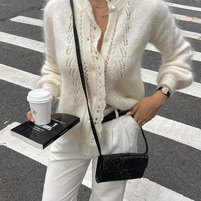 Women's White Cardigan Fashion Hollow Lace Patchwork Loose Sweaters Elegant New Office Basic Autumn Female Cardigan