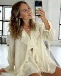 New Casual Shorts Two-piece Set Women's Ruffled Loose Tie Top Simple Shorts Set Office Lady Summer Female Shorts Set