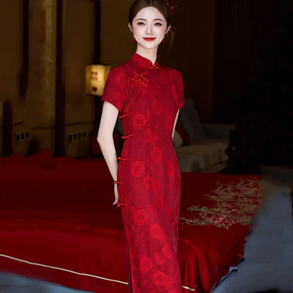 Red Long Cheongsam Improved Young Style New Female Chinese Retro Bridal Wedding Engagement Toast Dress Qipao