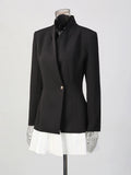 Tunic Pleated Hem Mini Dresses for Women Notched Collar Long Sleeve Spliced Button Temperament Blazer Dress Female