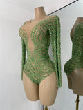 Sparkly Rhinestones Luxury Women Strecht Bodycon Sexy Long Sleeves Singer Performance Stage Nightclub Outfit Dancer Costume