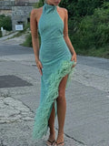 Solid Slim Backless Dresses For Women Round Neck Sleeveless High Waist Spliced Feather Irregular Dress Female New