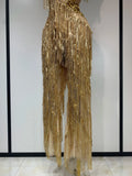 Women Sparkly Glod Rhinestones Sequined Fringe Jumpsuit Sexy Nightclub Party Birthday Outfit Show Singer Stage Perform Costume