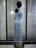 Pink Skyblue Women Sexy O-Neck Bodycon Bandage Long Tassels Gowns Dress Elegant Evening Party Birthday Homecoming Outfit