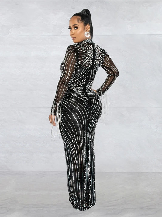 Women Rhinestone Dress with Bodysuit 2 Piece Set Sexy See Through Hot Drilling Evening Gowns Birthday Bodycon Party Dress