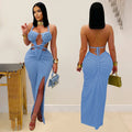 New Women's Hemp Rope Maxi Dress Sexy Criss Cross Cut-Out Halter Neck Backless High Slit Party Dresses Birthday Outfits