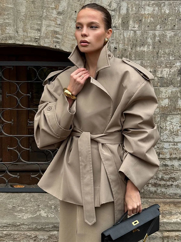 Fashion Stand Collar Short Trench Coat Women Solid Double-breasted Belt Midi Jacket 2026 Autumn Lady Commuting Casual Outerwear