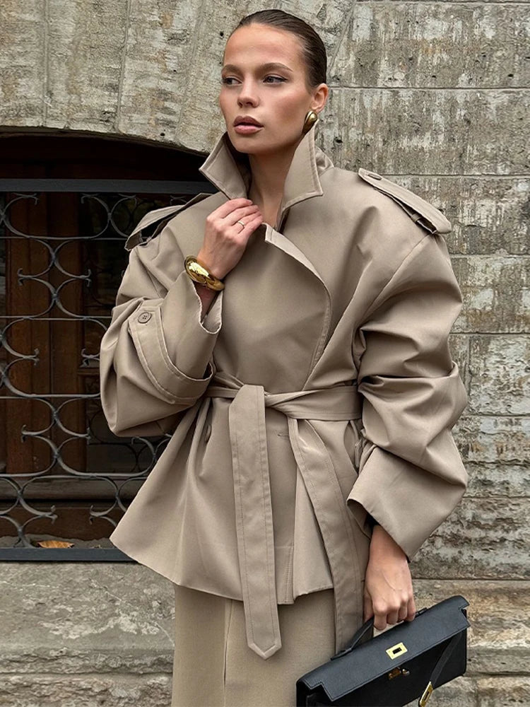 Fashion Stand Collar Short Trench Coat Women Solid Double-breasted Belt Midi Jacket 2026 Autumn Lady Commuting Casual Outerwear