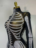 Luxury Rhinestones Skeleton Mesh See Through Jumpsuit Long Sleeve Nightclub Cos Party Stage Performance Halloween Costume