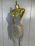 Women Evening Party Luxury Birthday Dress Photo Shoot  Stage Outfit  Sparkly Diamonds Tassel Mesh Transparent Bodycon Mini Dress