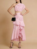 Elegant Pink Two Piece Set for Women Lace Trim Tube Top Asymmetrical Tiered Ruffles Midi Skirt Outfits for Beach Getaways