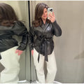 Women's Chic Lapel Oversized PU Leather Jacket Casual Full Sleeve Drop Shoulder Belted Coat Lady 2026 Spring Chic Streetwear