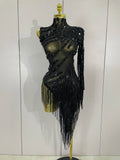 Sparkly Rhinestones Tassel Sexy See-Through Dress Women One Shoulder Latin Dance Outfits Bars Nightclub Party Stage Costume