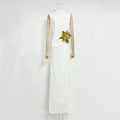 Sexy Stand Collar Flowers Pleated Patchwork Long Dress Women Sleeveless Folds Slim Elegant Dresses Evening Party Gowns