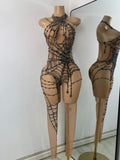High Street Mesh Spider Web Tight Jumpsuit Performance Dance Costume Luxury Rhinestones Nightclub Bar Stage Leotard