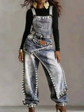 Women Denim Jumpsuit Sleeveless High Waist Baggy Rhinestone Irregular Patchwork Streetwear Party Summer