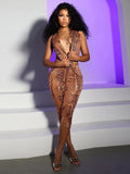 Sexy Backless Playsuit Woman Summer Trend Serpentine Print Halter Low-Neck Skinny Stretch Midnight Club Party Rompers