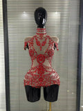 Sparkly Rhinestones Bodysuit Women Sexy Mesh Transparent Party Leotard Performance Costume  Singer Show Stage Wear