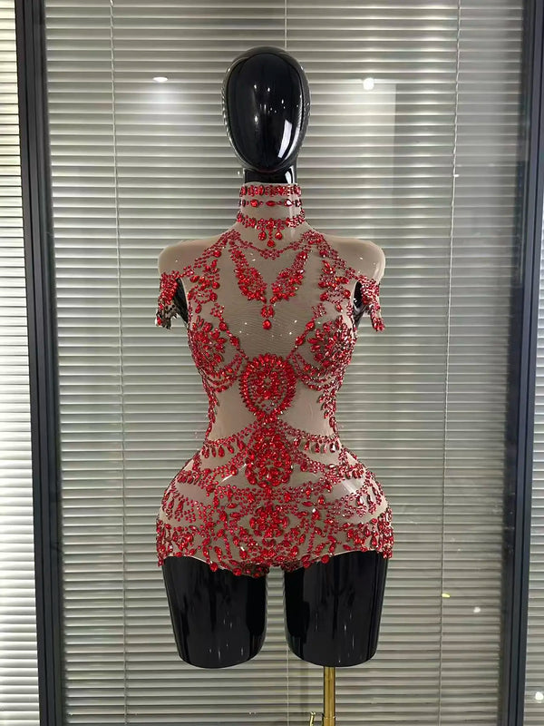 Sparkly Rhinestones Bodysuit Women Sexy Mesh Transparent Party Leotard Performance Costume  Singer Show Stage Wear