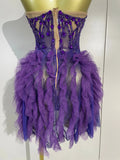 Sexy Purple Mesh See Through Purple Long Sleeves Mini Dress Luxury  Diamonds Birthday Evening Party Bar Nightclub Stage Costume