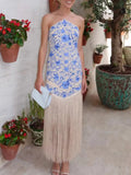 French Retro Floral Printing Dresses for Women Halter Sleeveless High Waist Spliced Tassel Hem Midi Dress Female