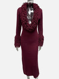 Knit Furry Patchwork Dress Women Deep V-Neck Sexy Elegant Christmas Party Winter Trend Stretch Skinny Maxi Bodycon