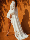 Fashion Style White Cutout Floral Accent Gown for Women Square Collar Puff Sleeve Asymmetric Train Skirt for Beach Elopement