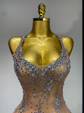 Sparkly Crystal Diamond Gold Sexy See-Through Sheath Dress Nightclub Performance Custome Stage Wear Birthday Evening Party Dress