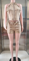 Distressed Style Denim 2 Piece Set Women Zipper Cardigan Sleeveless Crop Top+Skinny Shorts Hottie Street Hipster Suit