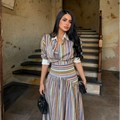 Boho Colorful Stripe Midi Skirt Set Turn Down Collar Single Breasted Long Sleeve Shirt Fitted Waist Flowy Women Skirts Outfits