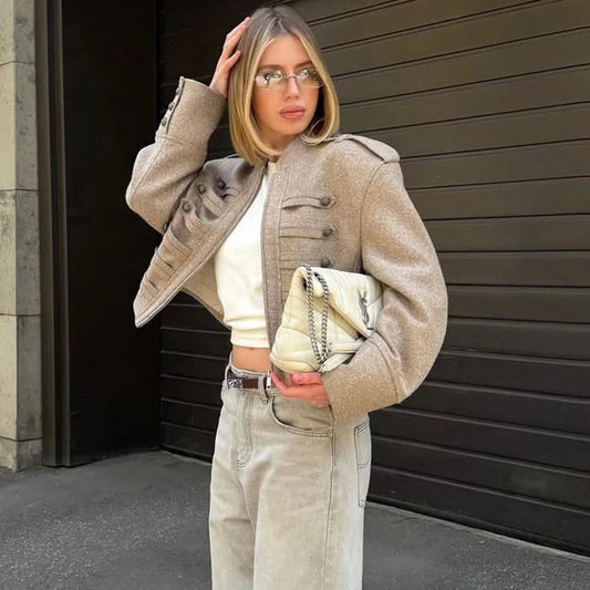 Women Double-Breasted Stand Collar Cropped Jacket Long-Sleeved Solid Zipper Metal Button Fashion Street Coat Autumn Winter