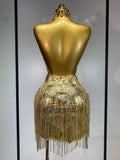 Women Birthday Party Rhinestones Tassels Transparent Short Dress Dance Show 2025 New Sexy Fashion Gold Sparkly Stage Costume