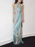Bohemian Printed Asymmetrical Dress for Women Diagonal Collar Sleeveless High Waist Spliced Tassel Dresses Female