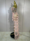 Sexy Strapless Mesh Ruffled Pink Long Dress Sparkly Diamond Birthday Evening Party PhotoShoot SeeThrough Nightclub Stage Costume