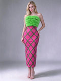 Fashion Strapless Green Feathers Bodycon Bandage Maxi Dress Off Shoulder Green Stripes  Evening Club Party Cocktail Birthday