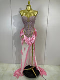 Luxury Sparkly Diamonds Pearls Strapless Mesh Maxi Dress Elegant Eveing Birthday Party Sexy Nightclub Performance Stage Costume