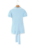Elegant Sweet Blue Polka Dot Playsuit for Women Puff Sleeve Cutout Design Lace Trim Slimming Playsuits for Vacation